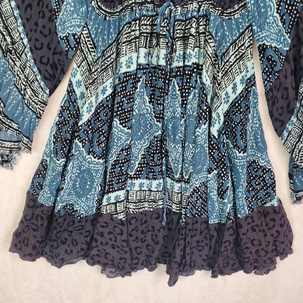 Free People Heart of Gold Mini Dress Blue Charcoal Sz Small Bell Sleeve Lined - Picture 4 of 10